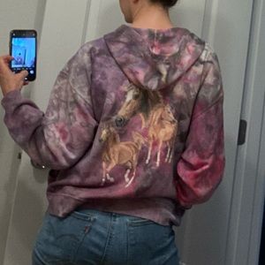 Pink Tiedye Horses Zipup Hoodie, 90s style